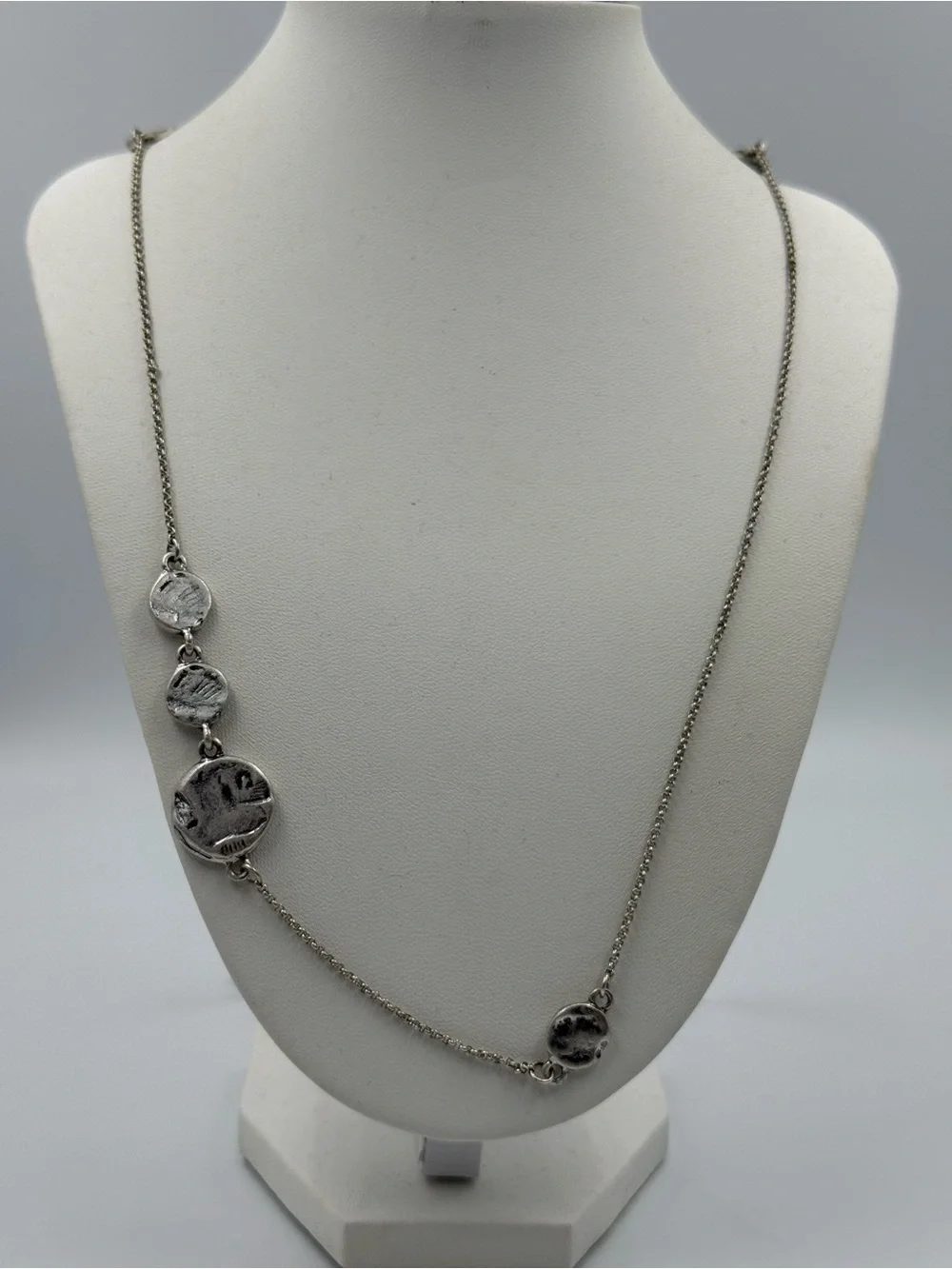 J. Jill Long Silver Tone Hammered Disc Coin Station Necklace with Extension New